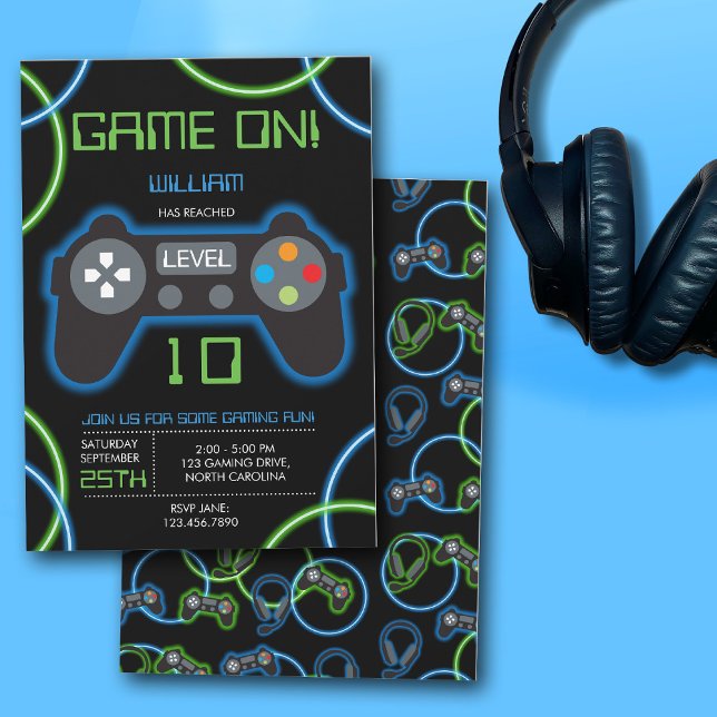 Födelsedagsfest för videospel Neon Blue & Grönt Inbjudningar (Video Game Neon Blue & Green Birthday Party Invitation)