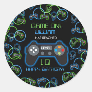 Födelsedagsfest för videospel Neon Blue & Grönt Runt Klistermärke