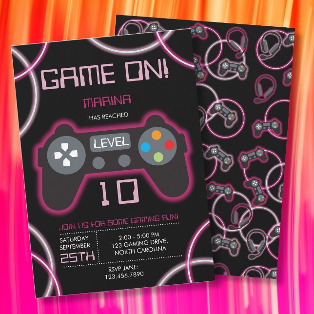 Födelsedagsfest för videospel Neon Rosa Girl Girl  Inbjudningar (Video Game Neon Pink Girl Birthday Party Invitation)