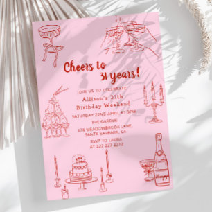 Födelsedagsfest för vintage Rosa Retro Drawn Funky Inbjudningar