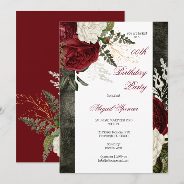 Födelsedagsfest för Vuxen av Lush Burgundy-Blommig Inbjudningar (Fram/baksida)