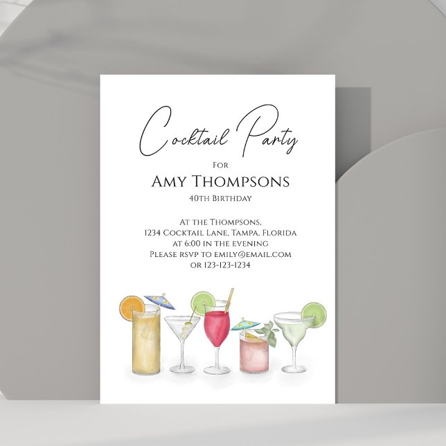 Födelsedagsfest för Vuxen av vattenfärgssocklar Inbjudningar (Watercolor cocktail party invitation with whimsy cocktail drinks. )