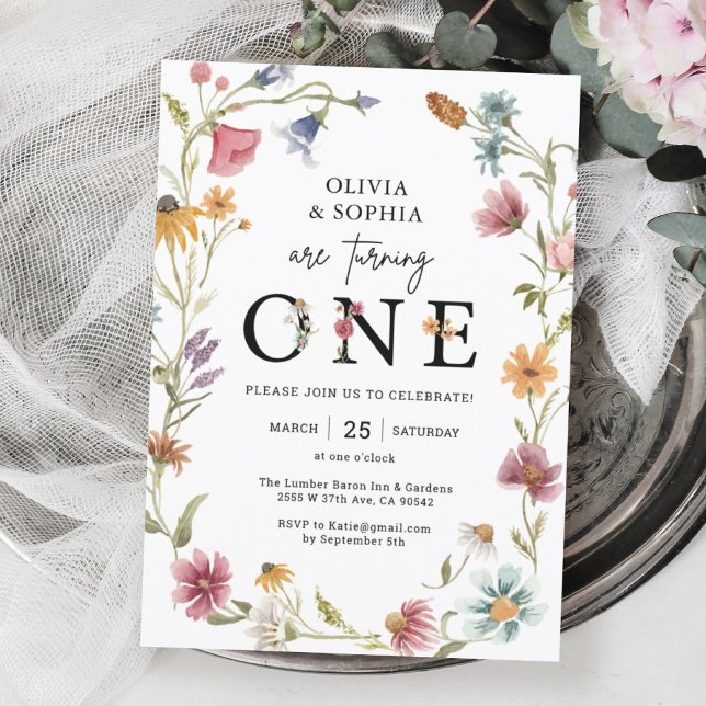 Födelsedagsfest för Wildblomme Tema 1:a Twillingar Inbjudningar (Skapare uppladdad)