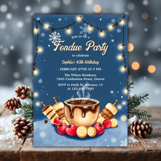 Födelsedagsfest för Winter Strawberry Chocolate Fo Inbjudningar (Watercolor Winter Strawberry Chocolate Fondue Birthday Party Invitation)