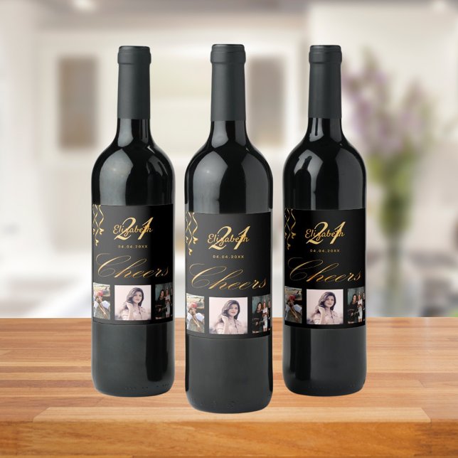 Födelsedagsfest, fotosvart guld, skript glam vinflaska etikett (Skapare uppladdad)