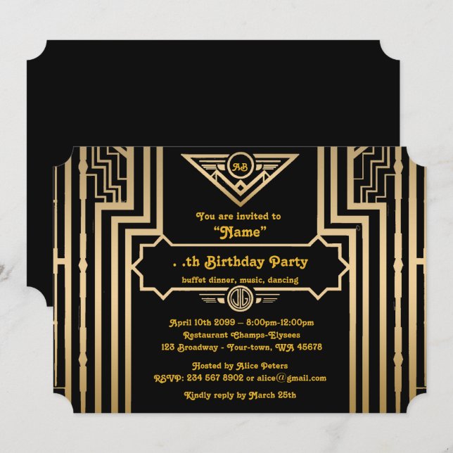 Födelsedagsfest Gatsby stil, art déco, gold&black Inbjudningar (Fram/baksida)