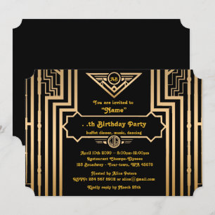 Födelsedagsfest Gatsby stil, art déco, gold&black Inbjudningar