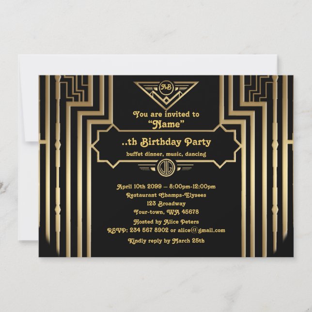 Födelsedagsfest, Gatsby stil, Art-Deco,guld svart Inbjudningar (Framsida)