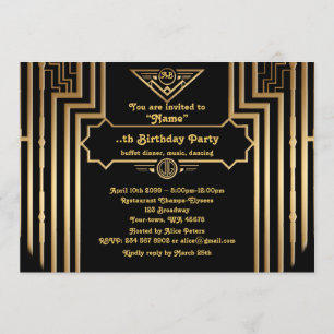 Födelsedagsfest, Gatsby stil, Art-Deco,guld svart Inbjudningar