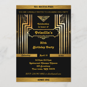 Födelsedagsfest Gatsby stil, art déco, guldsvart Inbjudningar