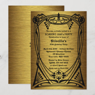 Födelsedagsfest, Gatsby stil, guld svart,monogram Inbjudningar