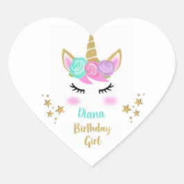 Födelsedagsfest Girl Plate med Unicorn & Namn Hjärtformat Klistermärke