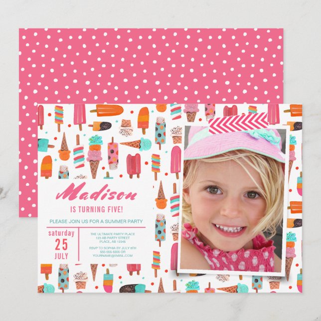 Födelsedagsfest | glass sommar | Inbjudan (Fram/baksida)