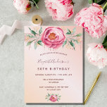 Födelsedagsfest glitter  blommigten guld vid rosa  inbjudningar<br><div class="desc">En romantisk inbjudan till en 50:e (eller vilken ålder som helst) födelsedagsfest. En övertoningsbakgrund för ro guld och rosa. En stor rosa vattenfärgad ro, grönt löv, löv med små guldblommor. Ett ro faux glitter-borrband bakom blommorna. Anpassa och lägg till information om namn och party. Mörk ro guld färgad brev. Namn...</div>