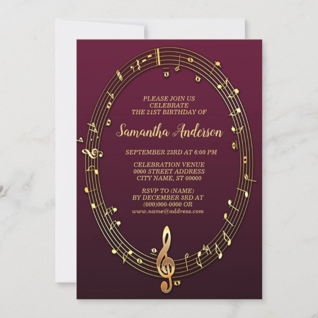 Födelsedagsfest Golden Musik noter Rosa Burgundy Inbjudningar (Framsida)