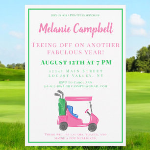 Födelsedagsfest Golfer Golf Preppy Rosa Golf Cart Inbjudningar