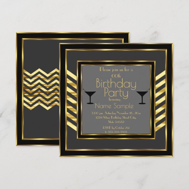 Födelsedagsfest Grå Svart Guld Art Deco Martini Inbjudningar (Fram/baksida)