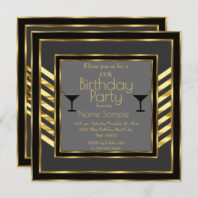 Födelsedagsfest Grått Black Guld Art Deco Martini Inbjudningar (Fram/baksida)