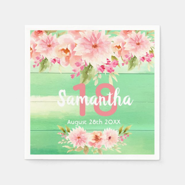 Födelsedagsfest grönt blommigtar för rosa av rostf pappersservett (Framsidan)