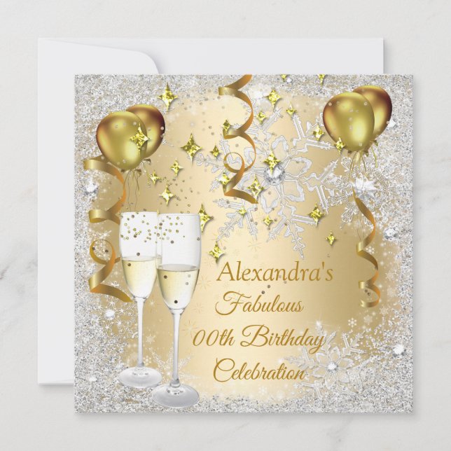 Födelsedagsfest Guld Ballonger champagne snöflinga Inbjudningar (Framsida)