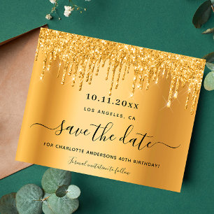Födelsedagsfest guld glitter droppar spara datumet flygblad