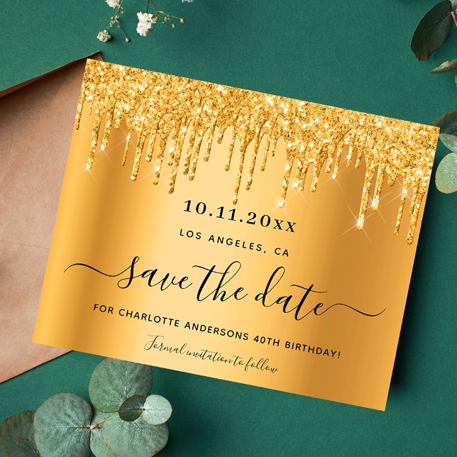 Födelsedagsfest guld glitter droppar spara datumet flygblad (Skapare uppladdad)