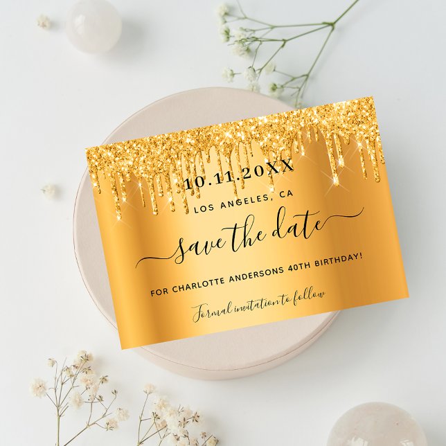 Födelsedagsfest guld glitter har sparat datumet meddelande vykort (Skapare uppladdad)