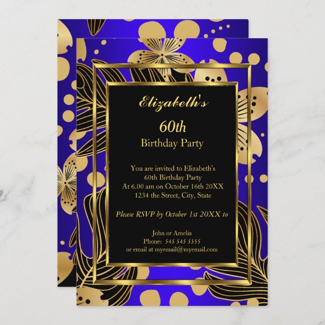 Födelsedagsfest Guld Royal Blue Blommigt Inbjudningar (Fram/baksida)