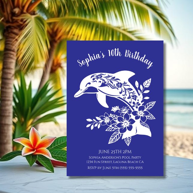 Födelsedagsfest-Hawaiidelfin Tropiska blommor Inbjudningar (Hawaiian Dolphin, Flippin Fabulous, Islander Summer, Beach, Fisherman Trend, wine tumbler,blue)