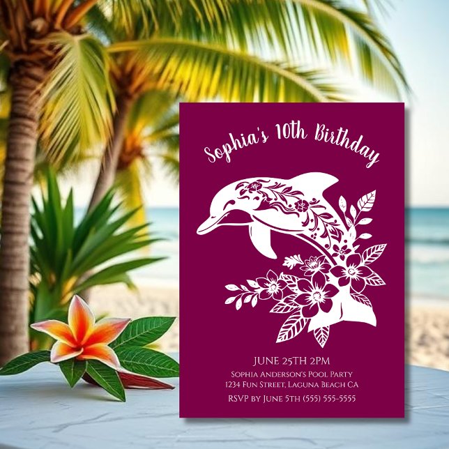 Födelsedagsfest-Hawaiidelfin Tropiska blommor Inbjudningar (Hawaiian Dolphin, Flippin Fabulous, Islander Summer, Beach, Fisherman Trend, wine tumbler)