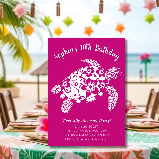 Födelsedagsfest-Hawaiisk Sköldpadda Rosa Inbjudningar (Birthday Party Invitation, Hawaiian Turtle, Tropical Flowers, Hawaiian Tribal, summer, beach, pool)