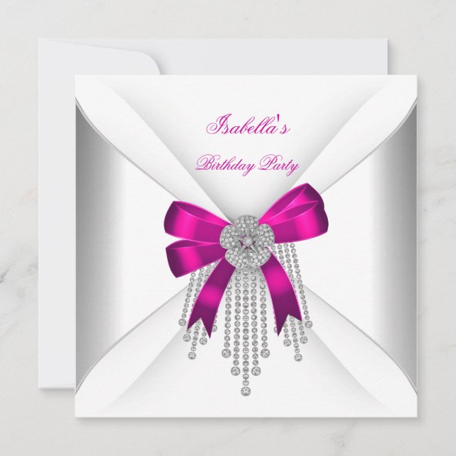 Födelsedagsfest Hot Pink Slöja Silver Vit Diamant Inbjudningar (Framsida)