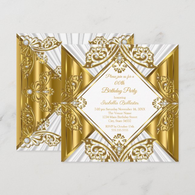 Födelsedagsfest i alla åldrar vit Guld Diamant Inbjudningar (Fram/baksida)