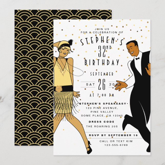 Födelsedagsfest i Art Deco-/Great Gatsby-/1920-tal Inbjudningar (Fram/baksida)