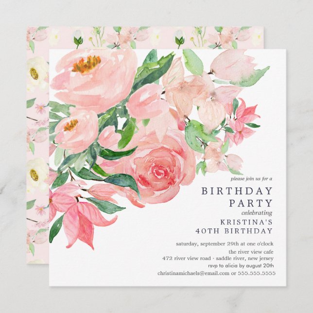 Födelsedagsfest I för Blommigt I för vattenfärgen  Inbjudningar (Fram/baksida)