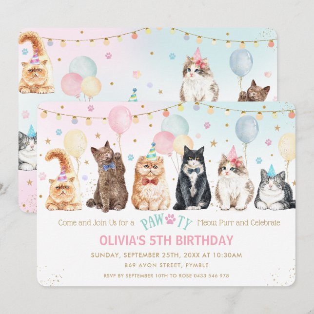 Födelsedagsfest I för Cute Adsible Pawty Cats Ball Inbjudningar (Fram/baksida)