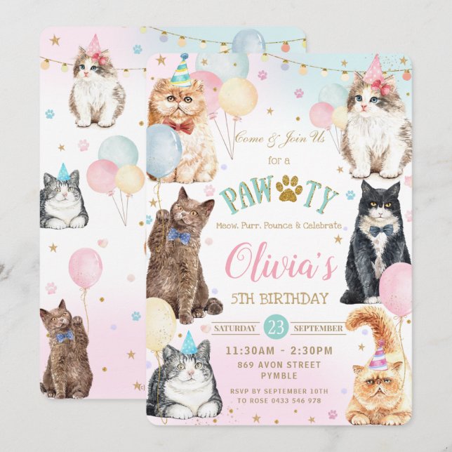 Födelsedagsfest I för Cute Adsible Pawty Cats Ball Inbjudningar (Fram/baksida)
