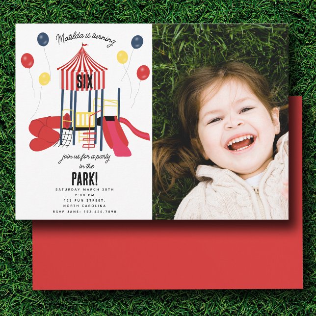 Födelsedagsfest i parken Kids Photo Inbjudningar (Playground Birthday Party in the Park Kids Photo Invitation)