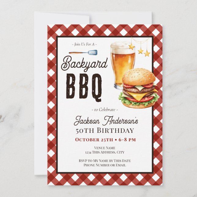 Födelsedagsfest i trädgården BBQ 50-års inbjudan f (Framsida)