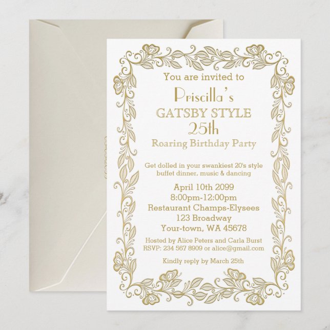 Födelsedagsfest inbjudan Art Deco,Kvinna,vit gol (Fram/baksida)