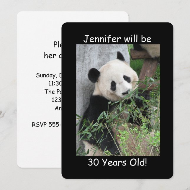 Födelsedagsfest inbjudan, dubbelsidig, Panda Black Inbjudningar (Fram/baksida)