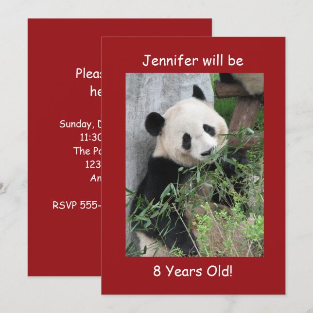 Födelsedagsfest inbjudan, dubbelsidig, Panda Red Inbjudningar (Fram/baksida)