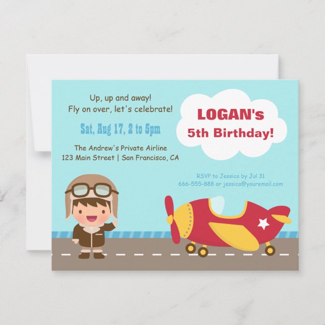 Födelsedagsfest inbjudan för flygarepojkeflygplan (Framsida)