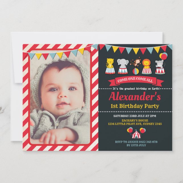 Födelsedagsfest inbjudan för karnevalcirkusdjur (Framsida)