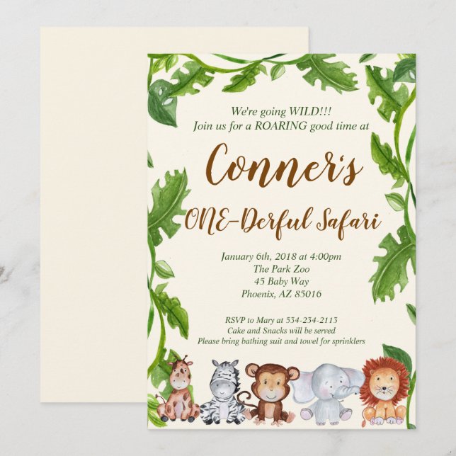 Födelsedagsfest inbjudan för Safaridjungeldjur (Fram/baksida)