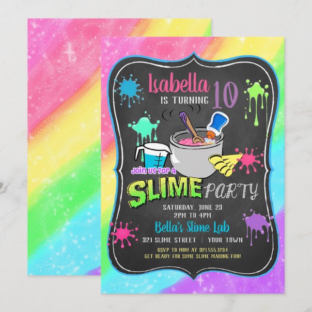 Födelsedagsfest inbjudan för SlimeTime pastell (Fram/baksida)