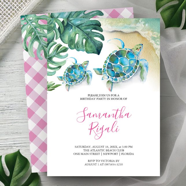 Födelsedagsfest inbjudan Girl Sea Turtle (Birthday party invitations tropical watercolor sea turtle monstera palm leaves Victoria Grigaliunas)