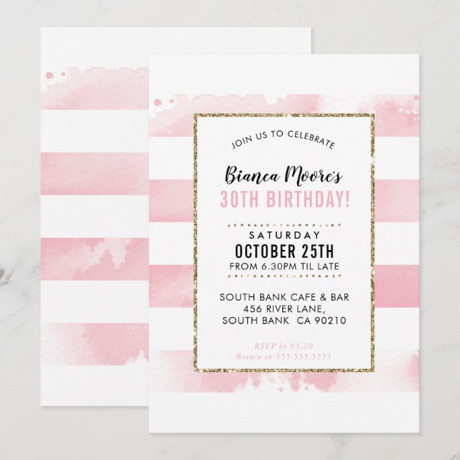 FÖDELSEDAGSFEST INBJUDAN guld rosa, vattenfärgen r (Fram/baksida)