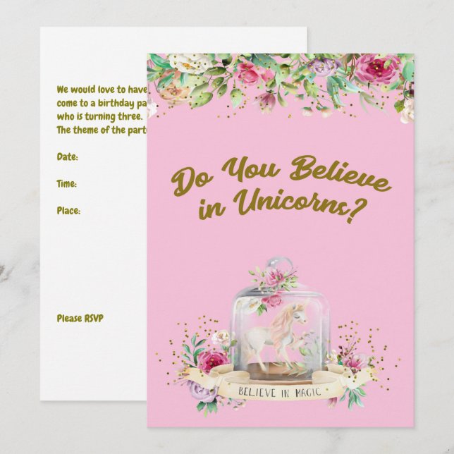 Födelsedagsfest inbjudan i 3 år. Gamla flickor (Fram/baksida)