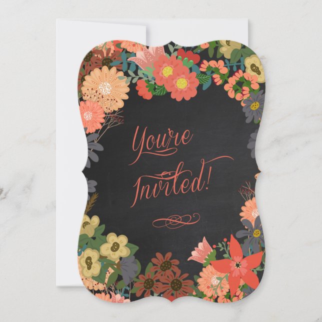 Födelsedagsfest inbjudan, korall, svart alkboard inbjudningar (Framsida)